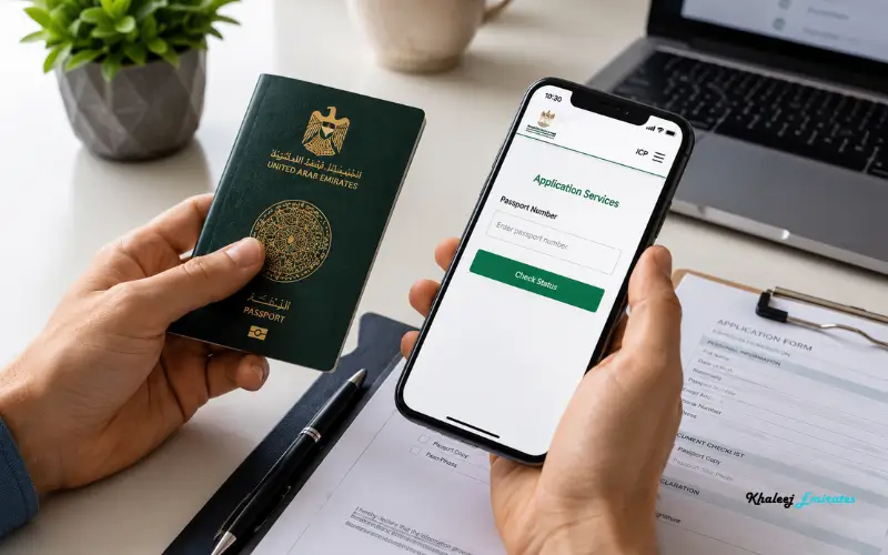 UAE passport and smartphone displaying Emirates ID status check service.