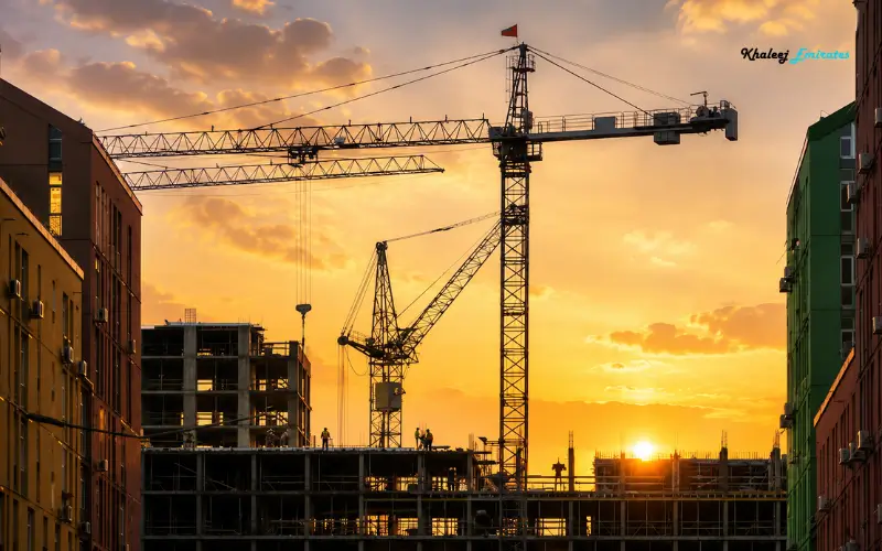 Construction site with tower cranes and unfinished buildings at sunset.
