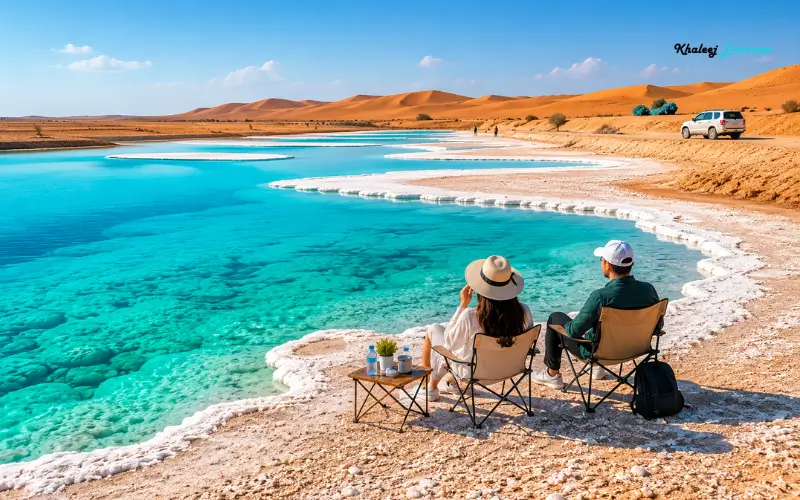 Al Wathba Salt Lake with peaceful desert scenery and turquoise water
