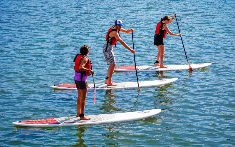 Visitors enjoying stand-up paddleboarding on the calm turquoise waters of Half Moon Bay under a clear blue sky, with a peaceful coastal atmosphere and outdoor recreation.