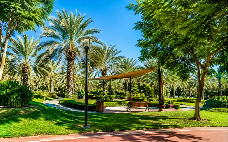 Shaded seating areas at Al Qusais Pond Park