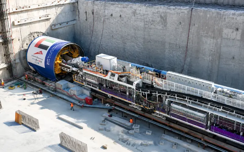 Tunnel boring machine excavating the Dubai Metro Blue Line during the first phase of underground tunnel construction at an RTA project site.