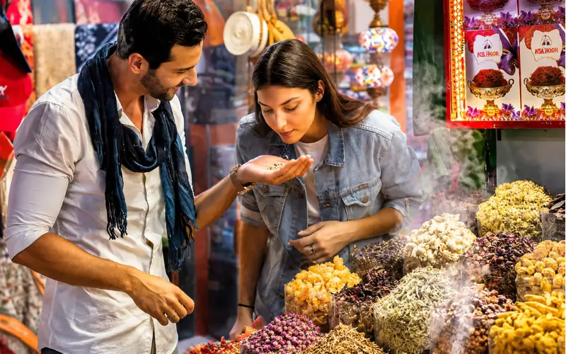 Visitors exploring the spice market Dubai while smelling traditional herbs and spices at a colorful Dubai Spice Souk stall filled with authentic Middle Eastern products.