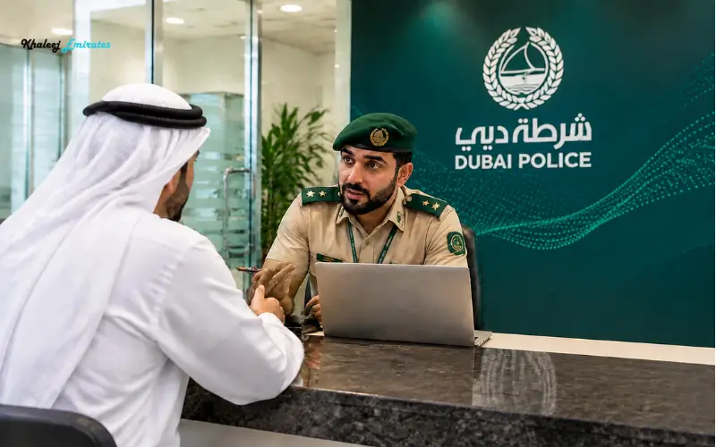 Bur Dubai Police Station handling Police Complaints and Incident Reporting services with a Dubai Police officer assisting a visitor at the service desk.