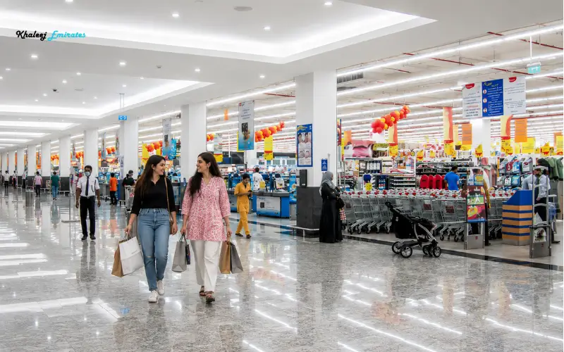 Carrefour Market UAE store interior with shoppers and shopping carts in a modern supermarket.