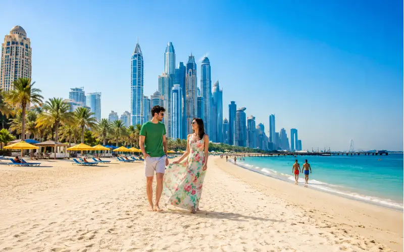 Dubai beach with skyline and couple walking — Dubai travel.
