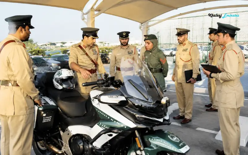 Bur Dubai Police Station traffic and vehicle-related services with police officers inspecting a patrol motorcycle in Dubai.