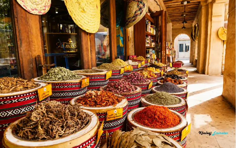 Premium spices displayed at the spice market Dubai with colorful herbs and seasonings