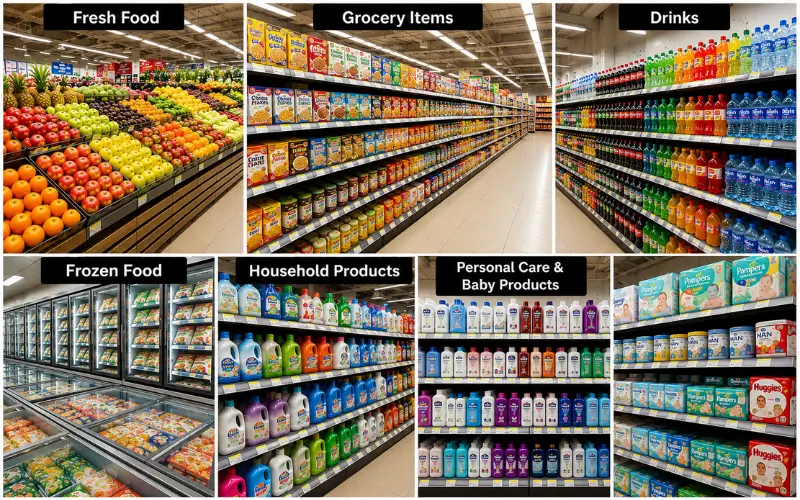 Carrefour Market UAE product sections showing fresh food, groceries, drinks, frozen food, household products, and personal-care items.