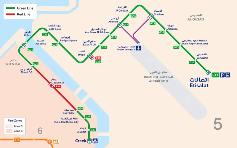 Etisalat Metro Station Route and Green Line Stations