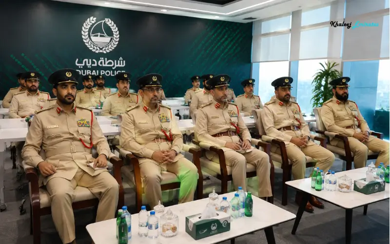 Bur Dubai Police Station supporting Community security with Dubai Police officers attending a professional briefing session.