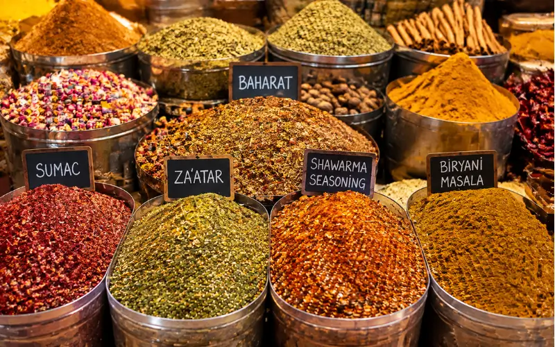 Traditional spice blends displayed at the spice market Dubai in Deira