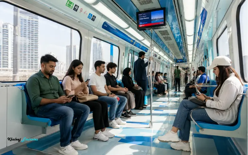 Dubai Investment Park 1 Metro Station interior showing passengers and modern metro facilities