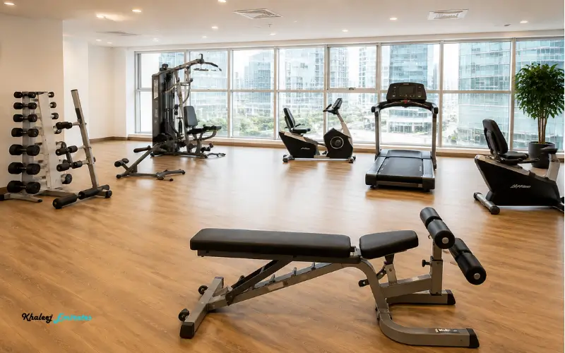 DAMAC Smart Heights gym facility with modern fitness equipment and spacious wellness area in Dubai office tower
