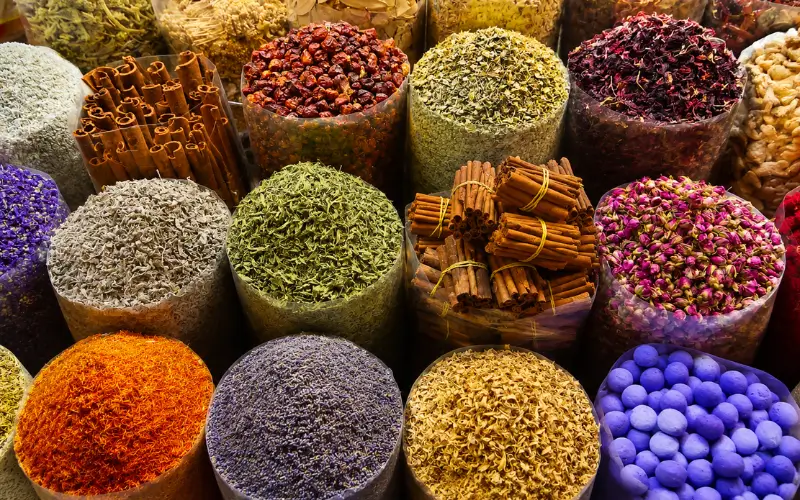 Herbs and specialty teas displayed at the spice market Dubai