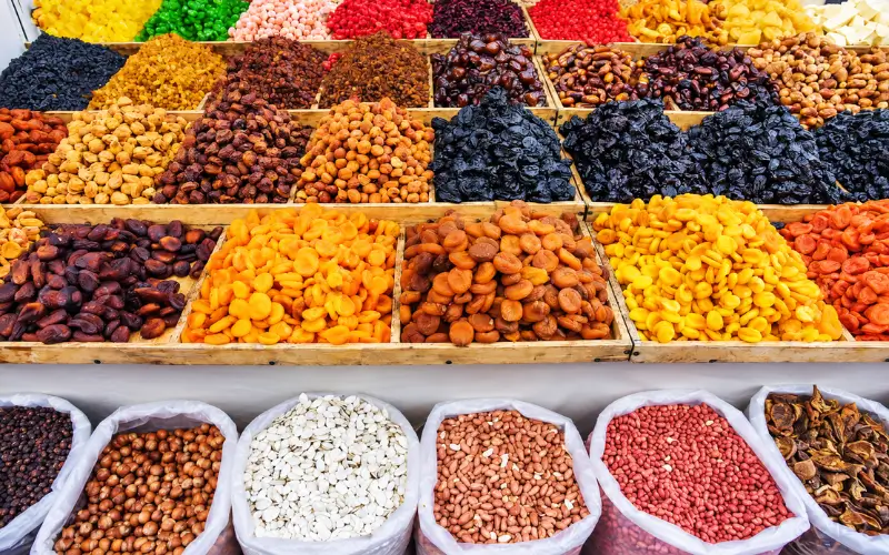 Dried fruits and nuts displayed at the spice market Dubai