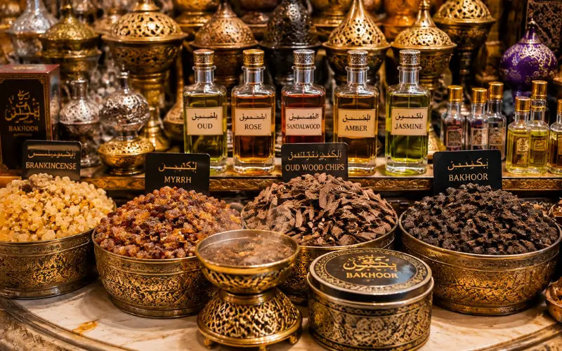 ncense, Bakhoor and Essential Oils at the spice market Dubai, featuring frankincense, myrrh, oud wood chips, bakhoor, and traditional Arabic essential oils displayed in ornate brass containers.