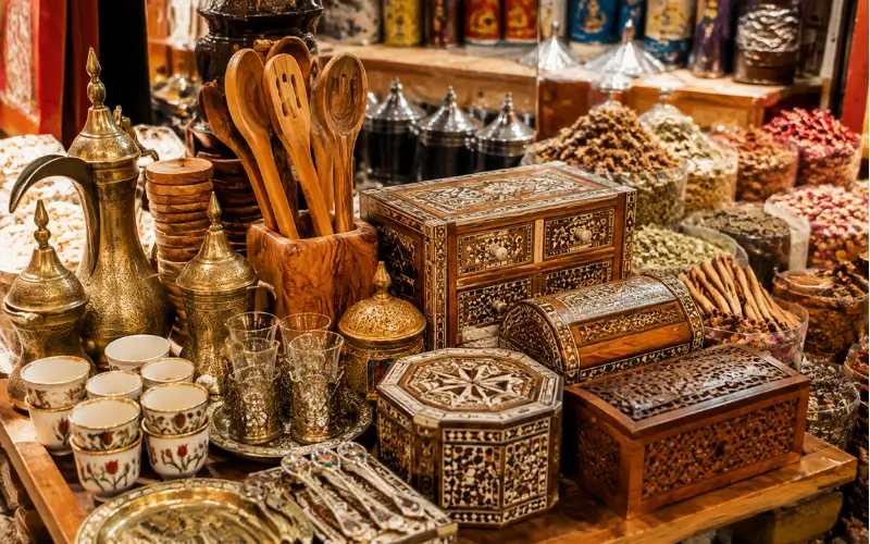 Traditional souvenirs at the spice market Dubai, featuring handcrafted wooden spice boxes, kitchen utensils, Arabic coffee pots, tea accessories, and decorative gift items displayed in a traditional souk shop.