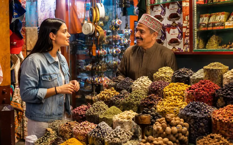 Customer bargaining with a spice shop owner at the spice market Dubai